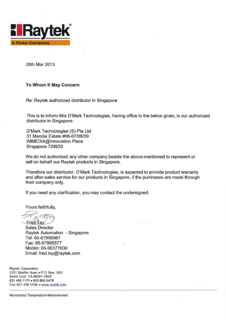 Raytek Authorized Distributor Letter 2013 Page 001 Dmark Technologies S Pte Ltd 0437